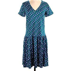 Duro Olowu Green Blue Geometric Pattern Drop Waist Retro Vibe V Neck Dress
